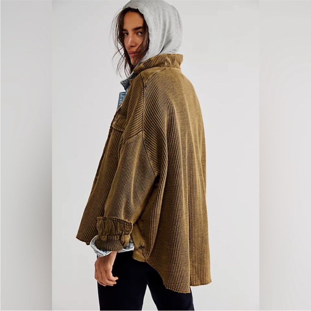 FP One Free People Scout Jacket Shacket Oversized Waffle Knit Green Thermal M - Picture 2 of 9